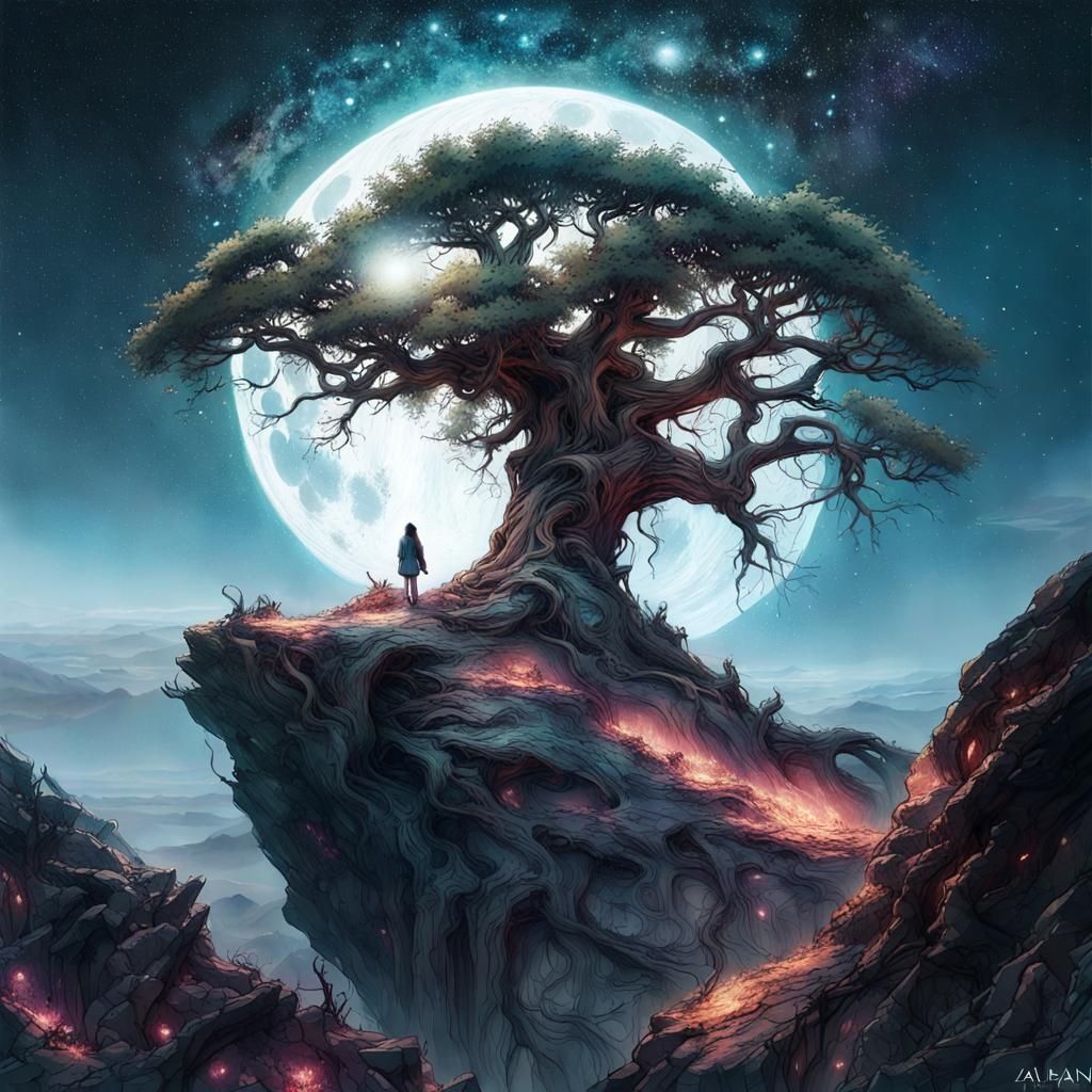 Mystical Tree on Cliff Under Starry Night Sky