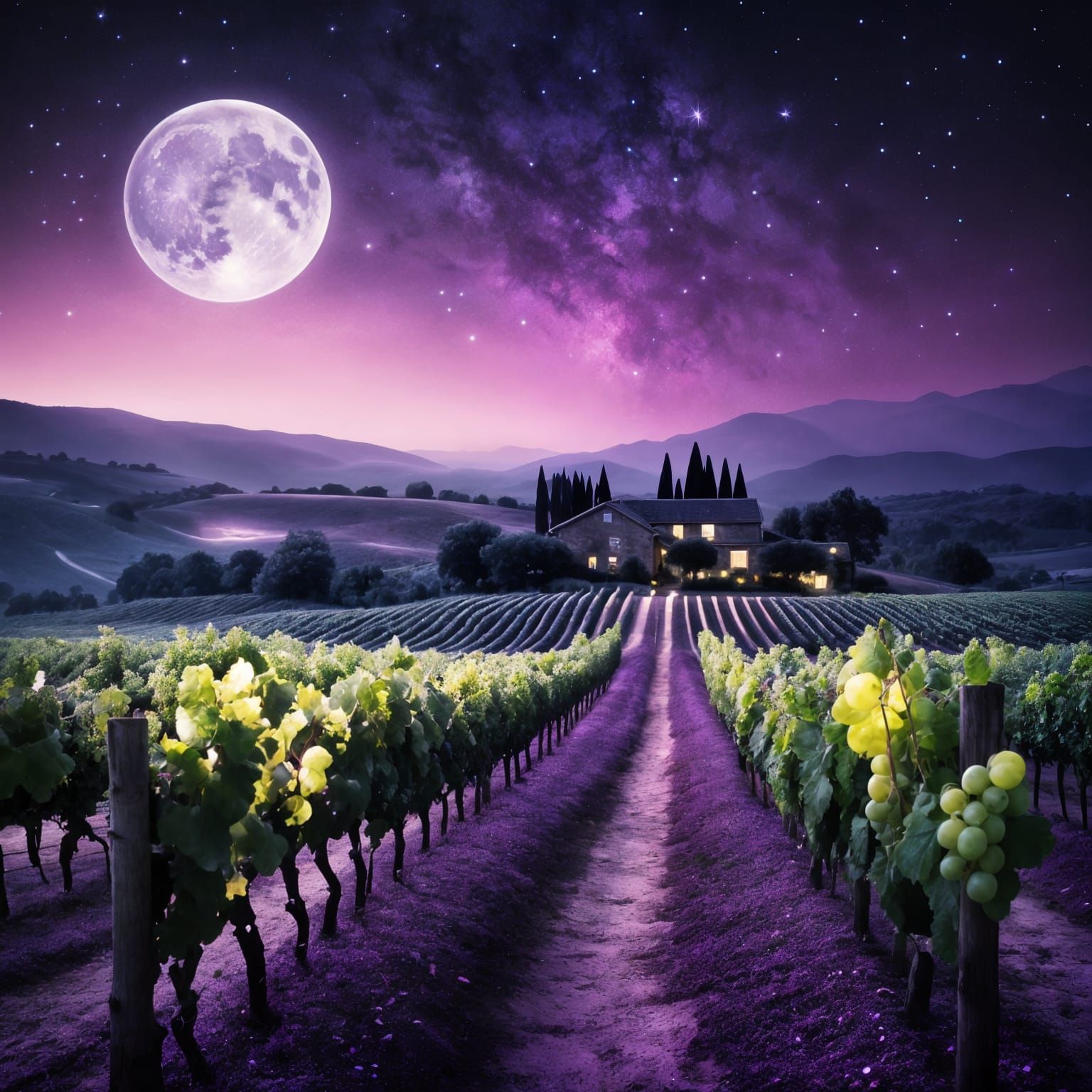 Moonlit Vineyard Serenity in Ethereal Blues