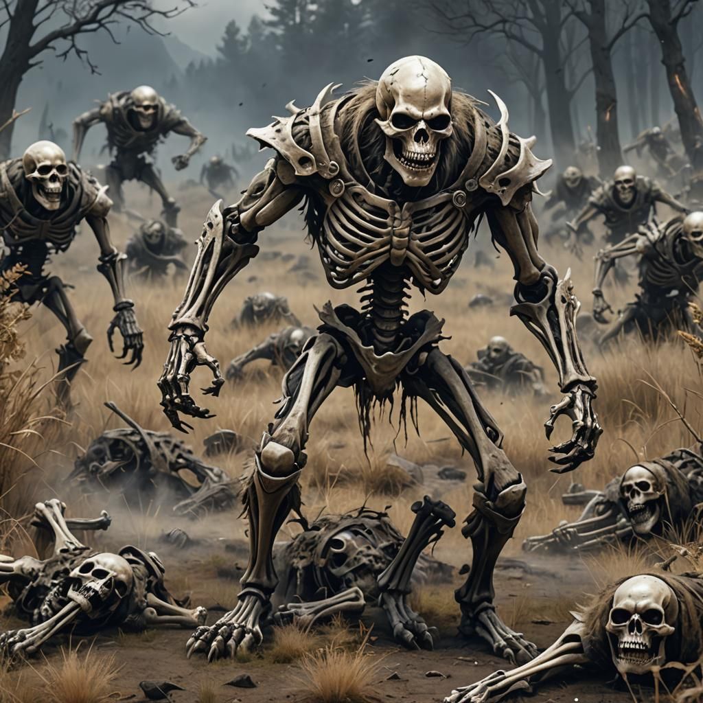 Skeletal Werewolf Strides Across Desolate Battlefield