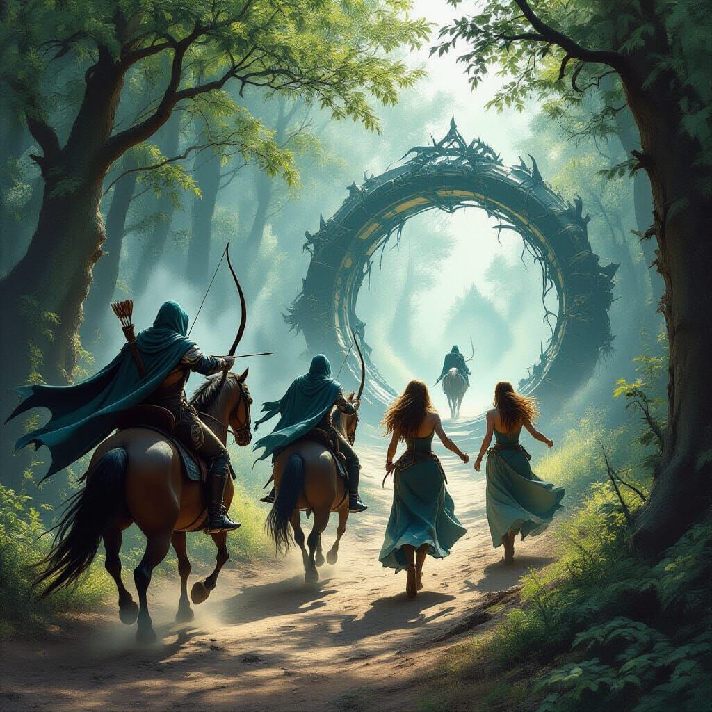 Elf Women Flee Hooded Horsemen Through Fantasy Forest Portal