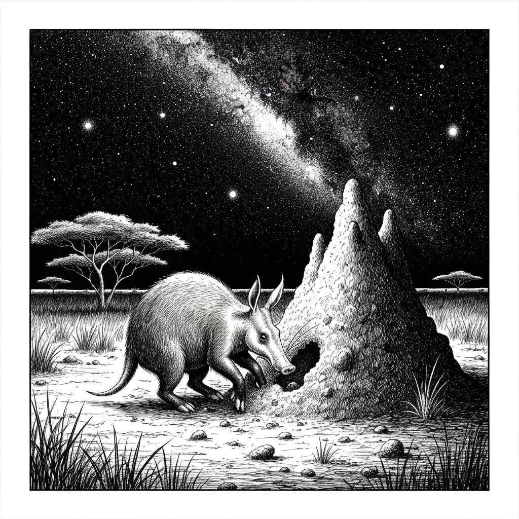 Aardvark Digs Termite Mound Under Milky Way in Comic Style