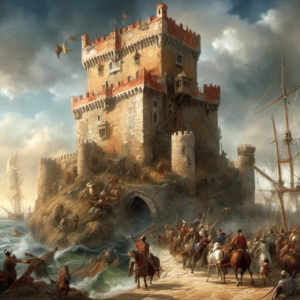 Colorful Belem Tower, Lisbon: Detailed Matte Painting