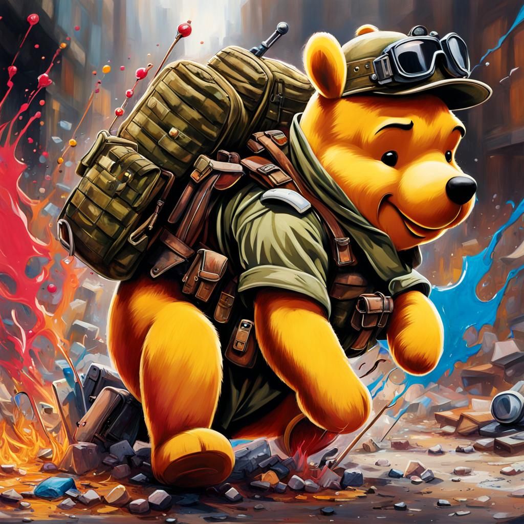 Winnie the Pooh Characters in a Firefight, Graffiti Art