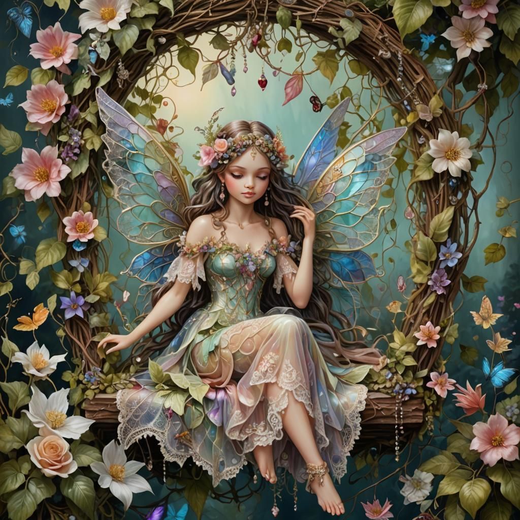 Lace-Adorned Fairy on Vine Swing: Intricate Artwork