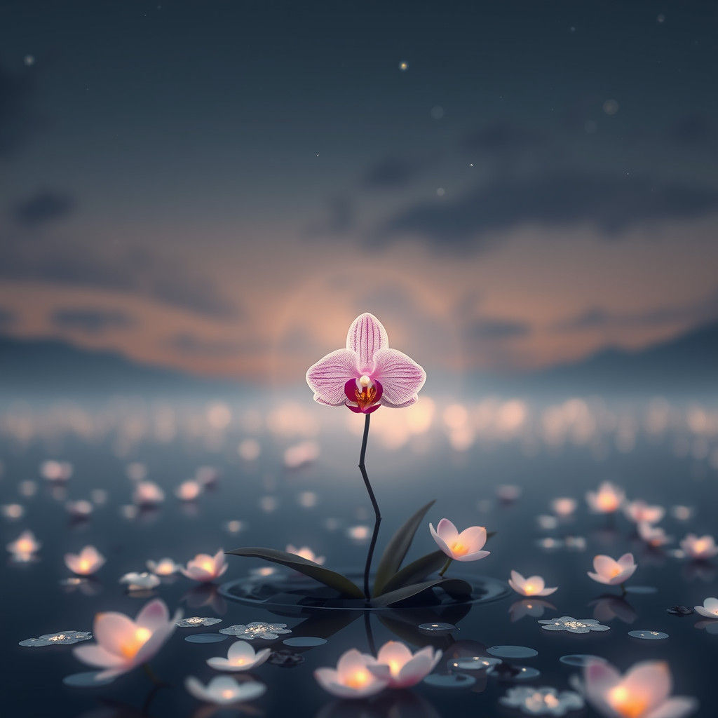 Ethereal Lake with Pink Orchid at Dusk