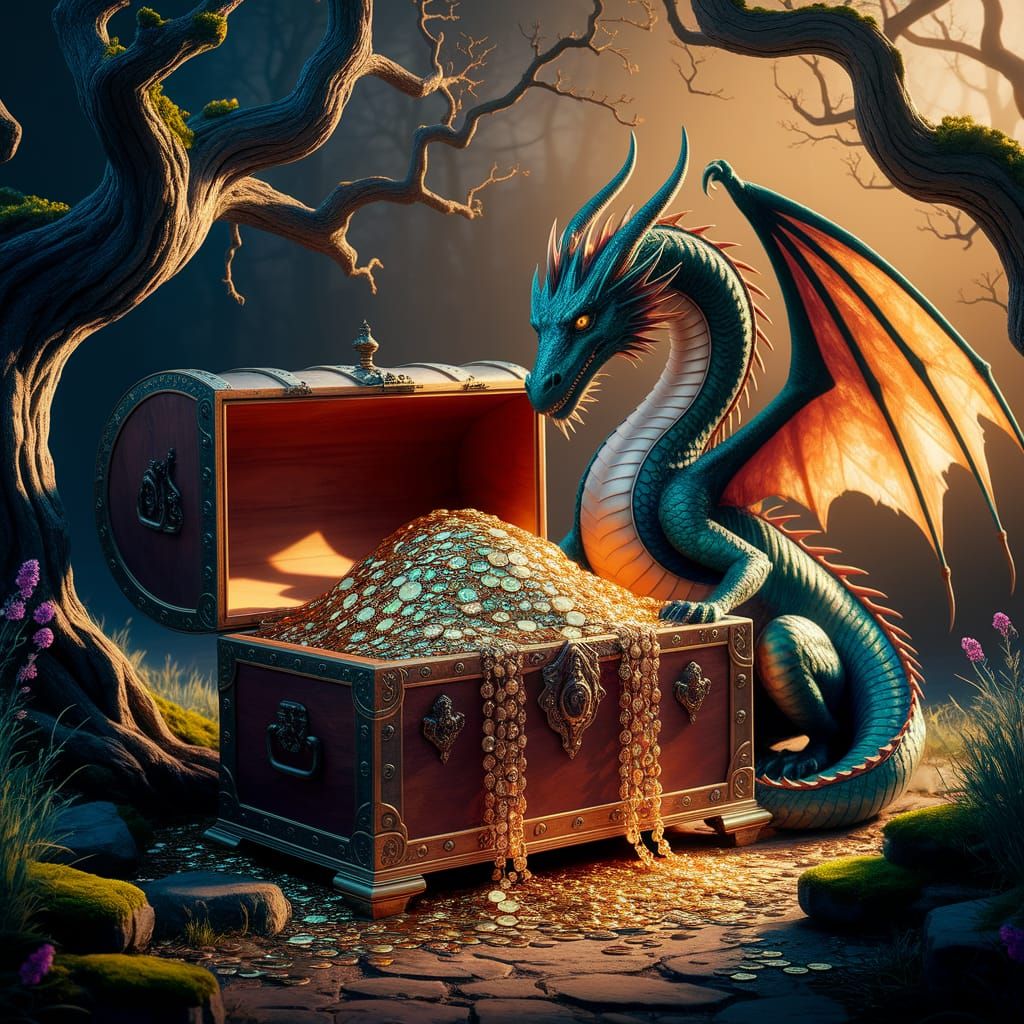 Dragon Guarding Treasure Chest in Forest Grove