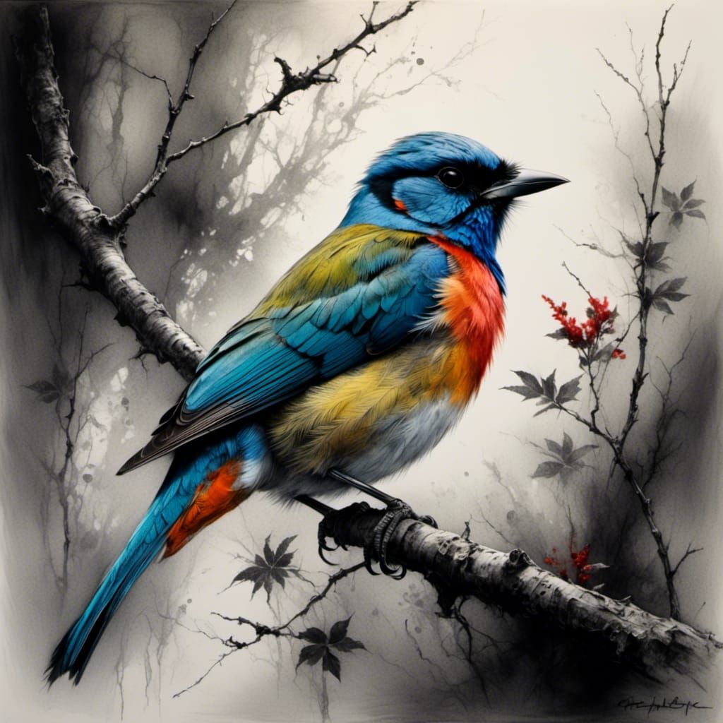 Bird Song: Charcoal Art with Color Accents