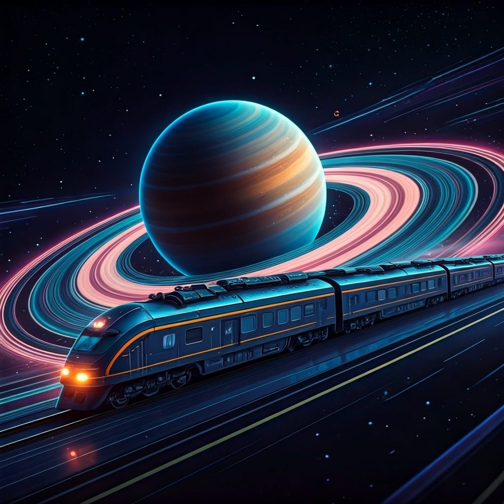Futuristic Train Speeds Through Saturn's Rings