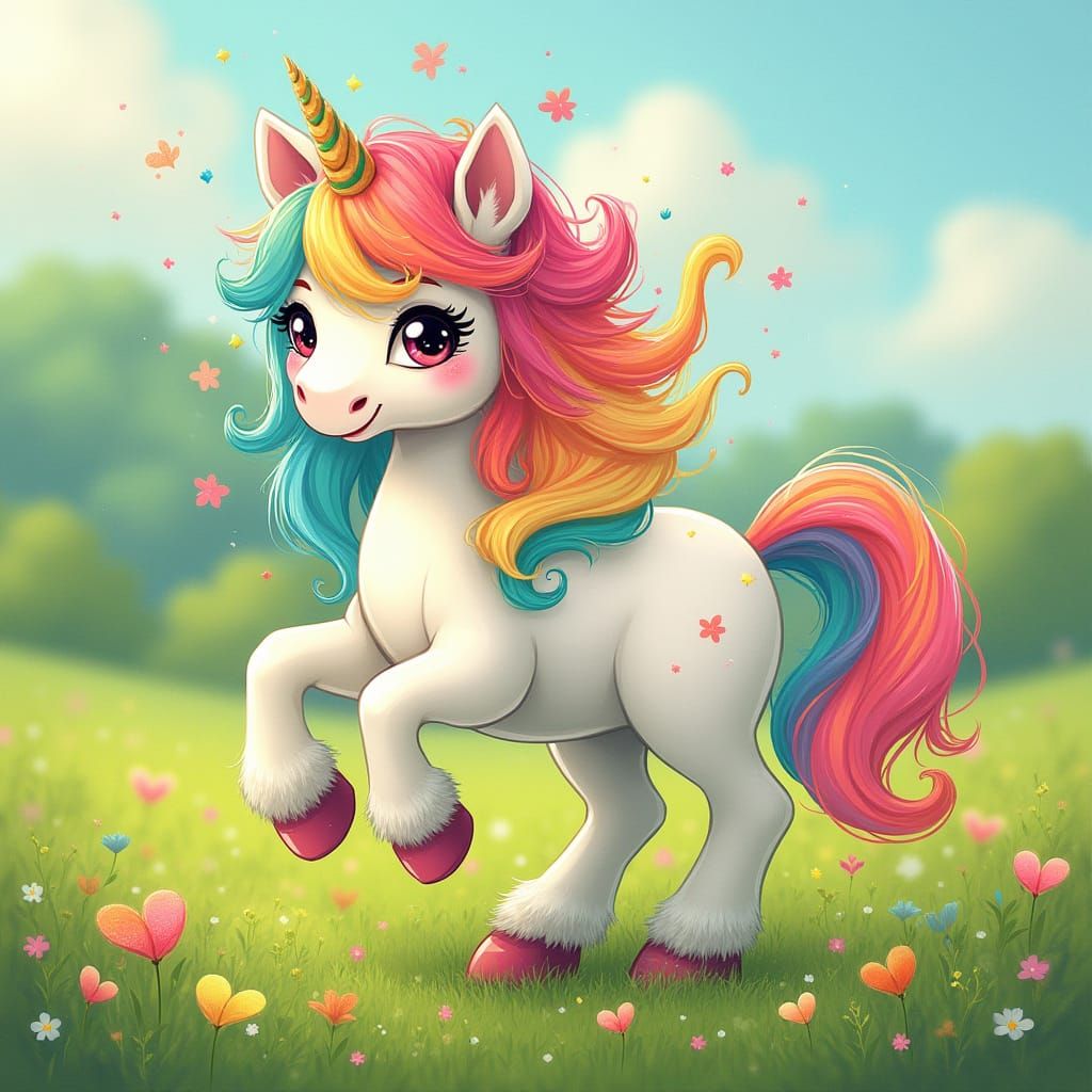 Rainbow Pony Prancing in Dreamy Meadow
