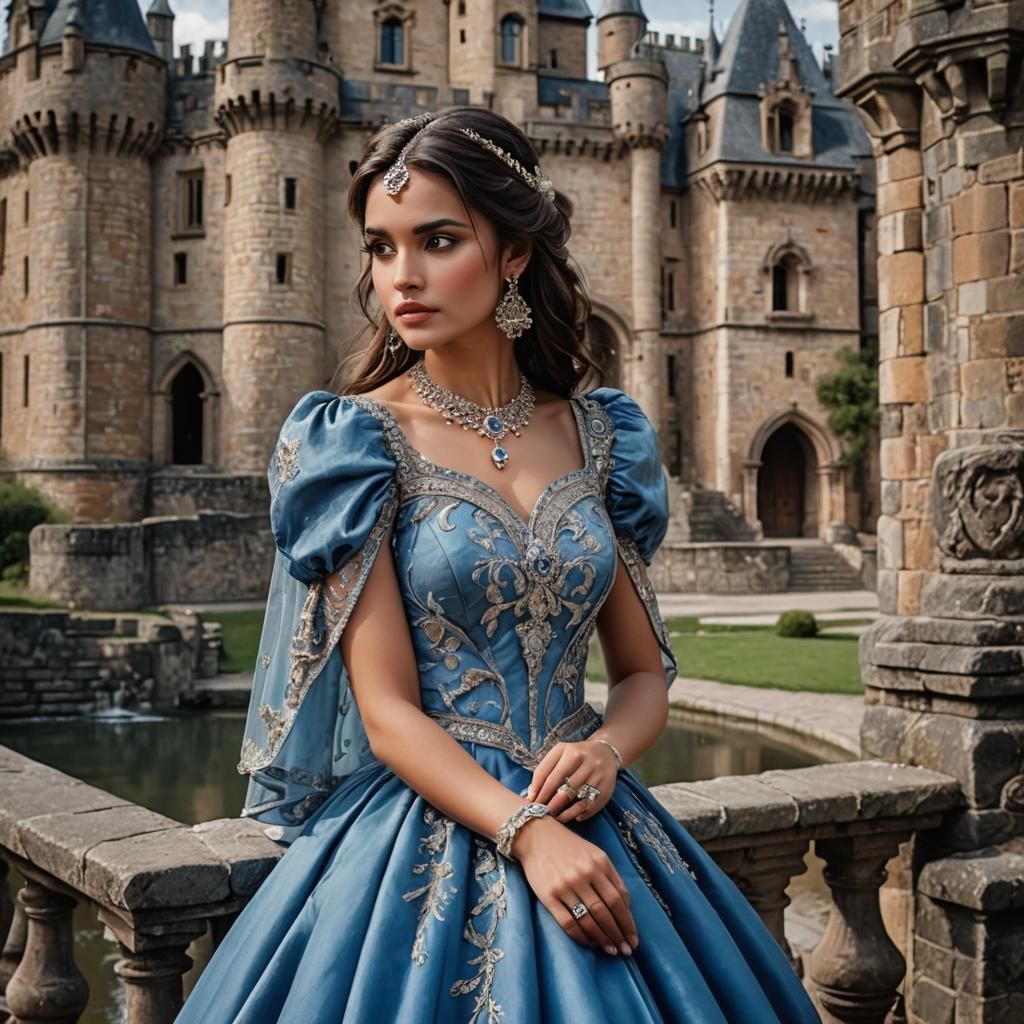 Exotic Woman in Blue Gown with Castle Backdrop