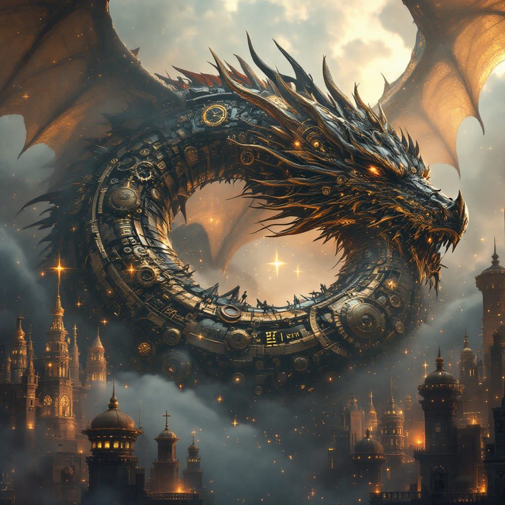 Colossal Clockwork Dragon Awakens in Magical City