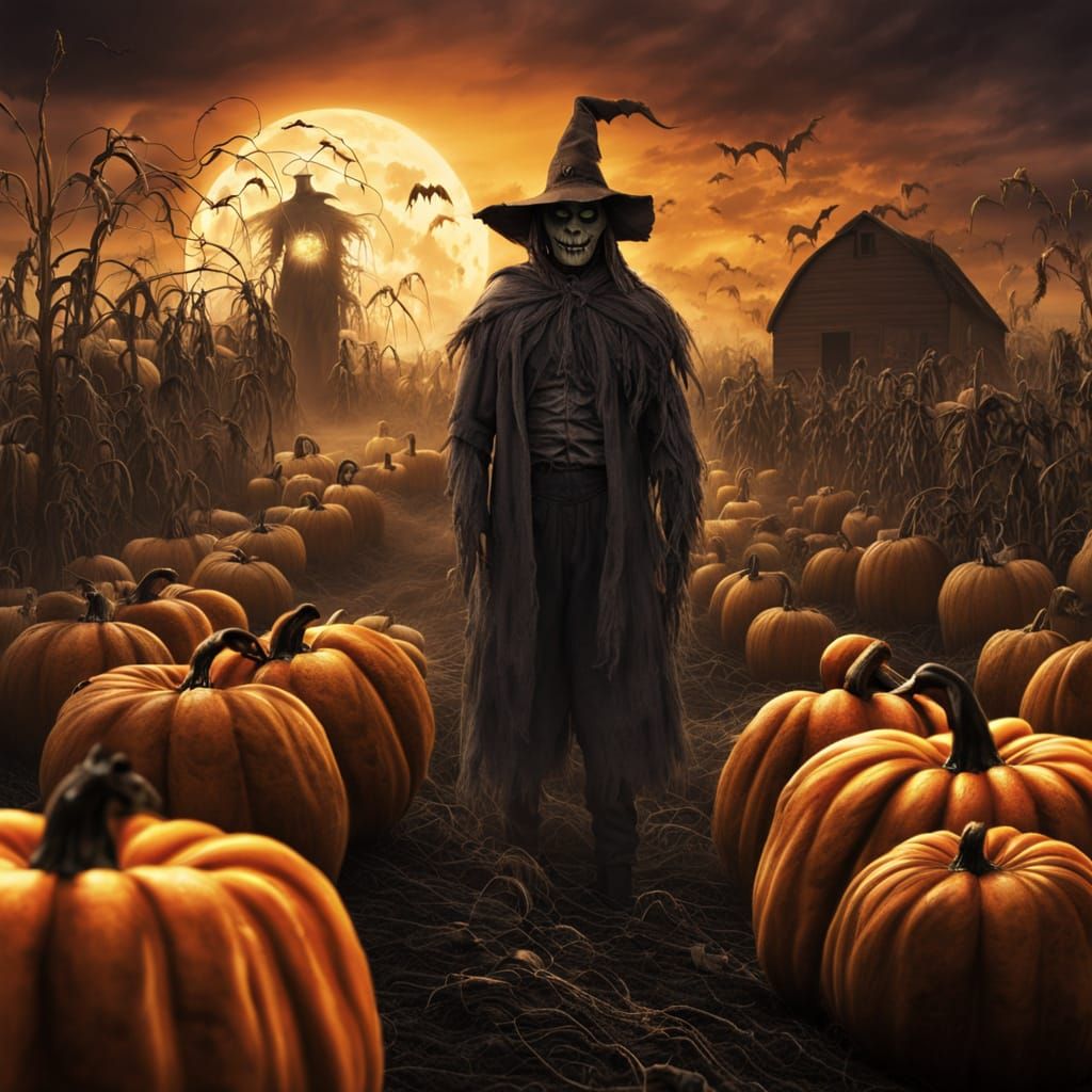 Ghostly Scarecrow in Haunted Harvest Scene