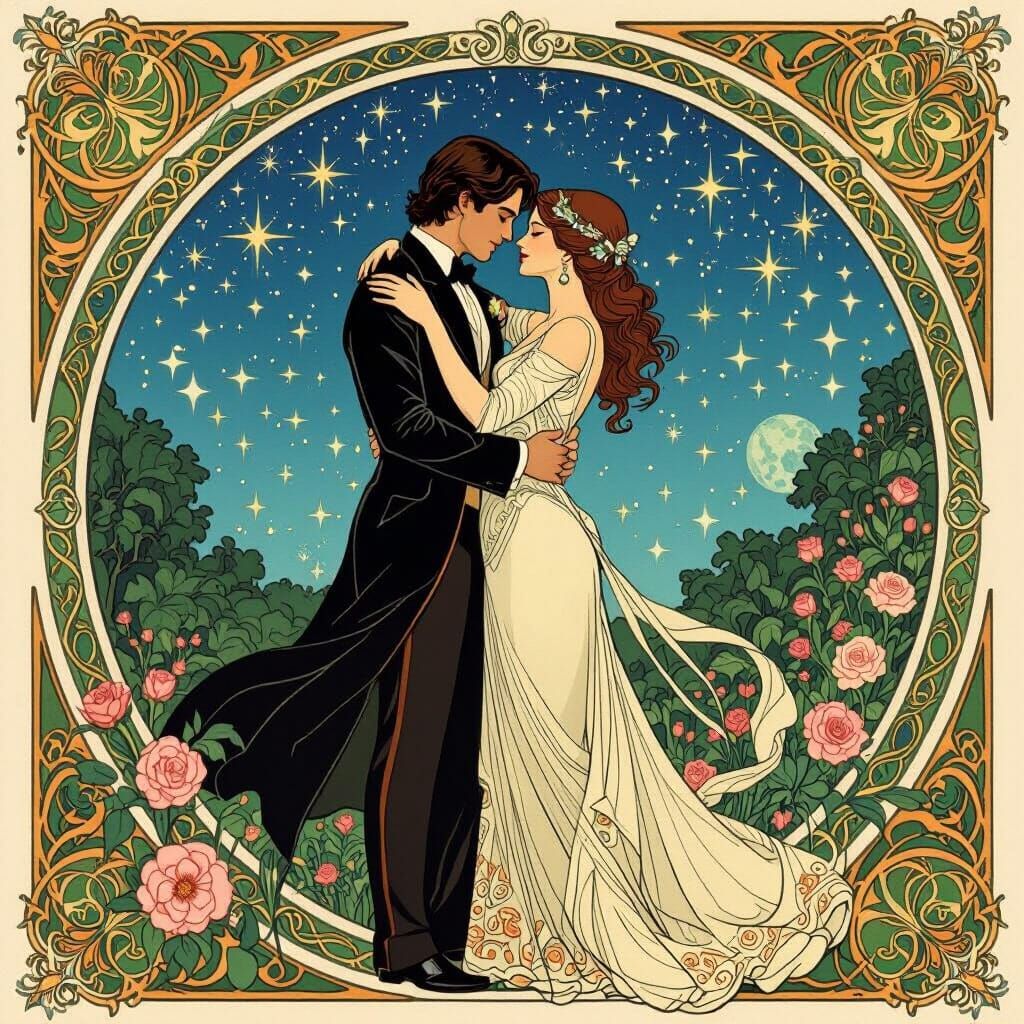 Lovers Embrace Under Starry Sky in Art Nouveau Style