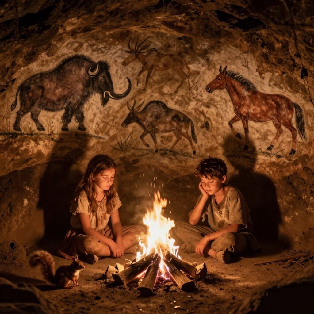 Children and Squirrel by Cave Fire with Ancient Art