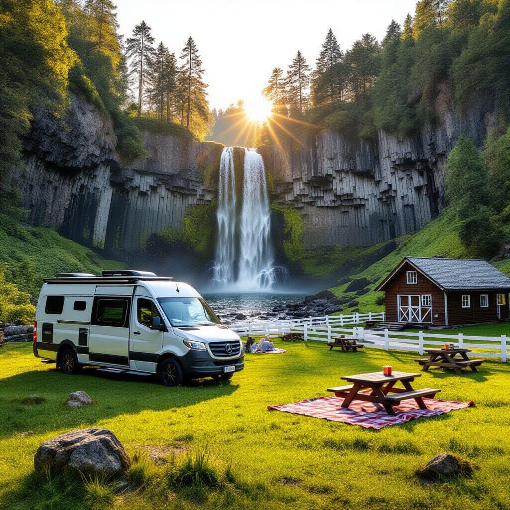 Golden Hour Camping Scene with Camper and Waterfall