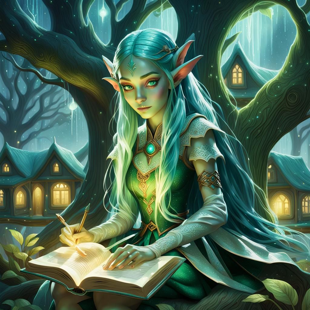 Elf Girl Reading Book in Mystical Forest, 8k Digital Art