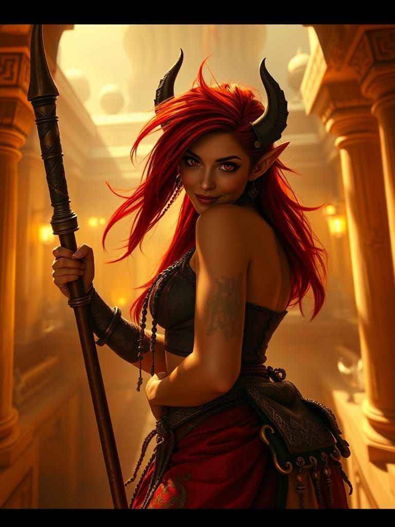 Tiefling Bandit Raids Temple in Pixar Anime Style