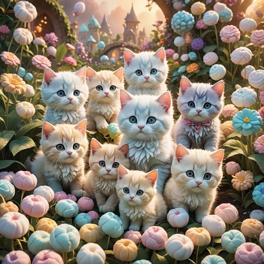 Marshmallow Kittens Playing in a Fantasy Garden