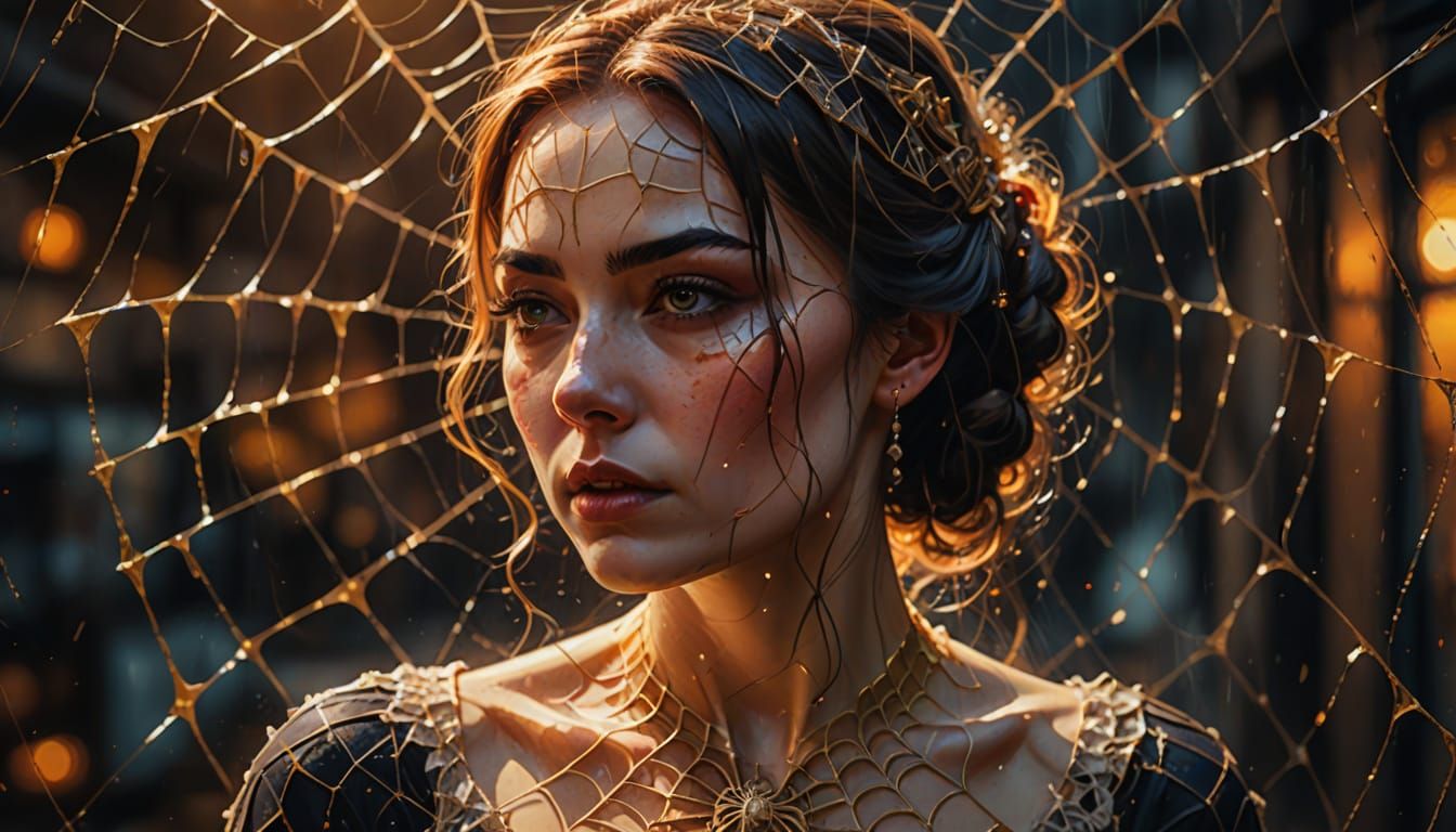 Bride in Spiderweb: Vibrant Oil Painting Splash Art