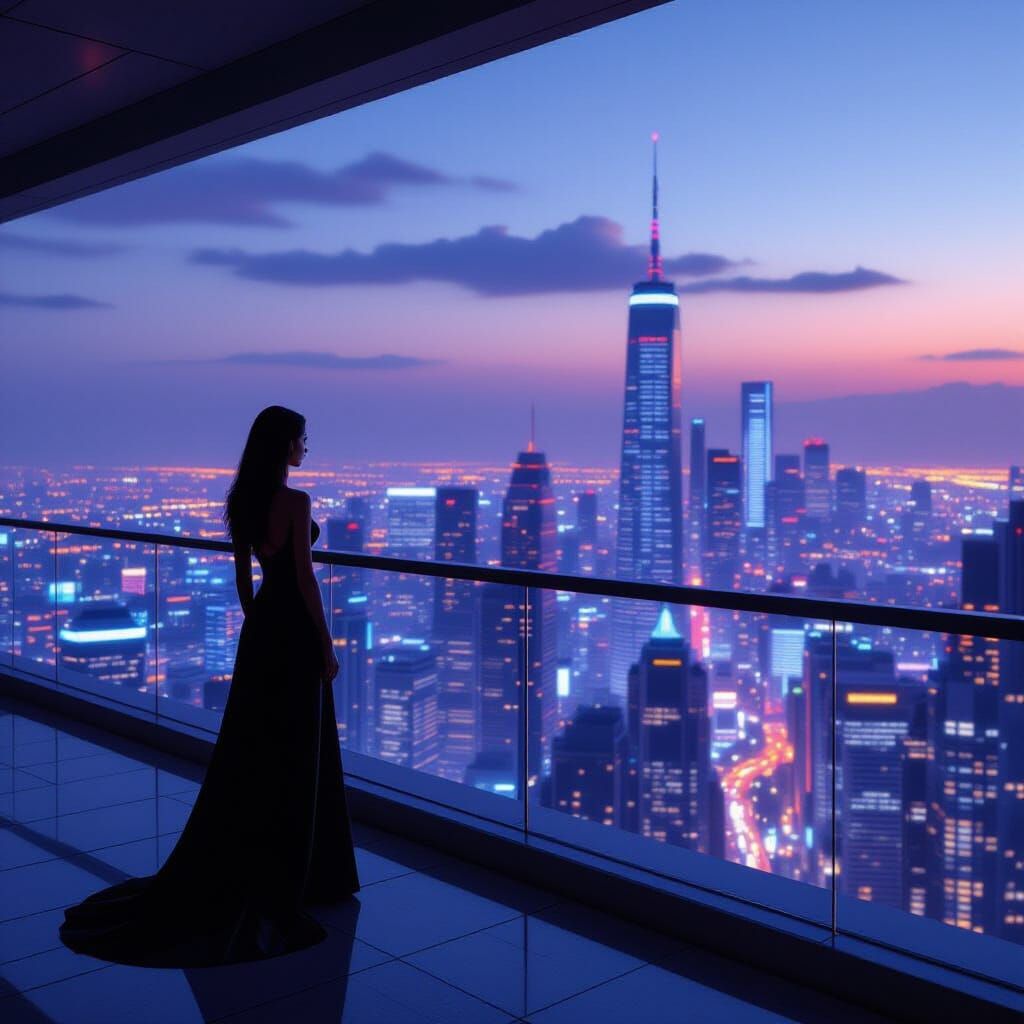 Stoic Woman Overlooks Neon Cyberpunk Cityscape