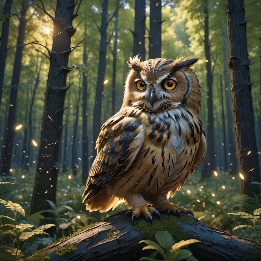 Fluffy Owl in Firefly Forest: Unreal Engine Art