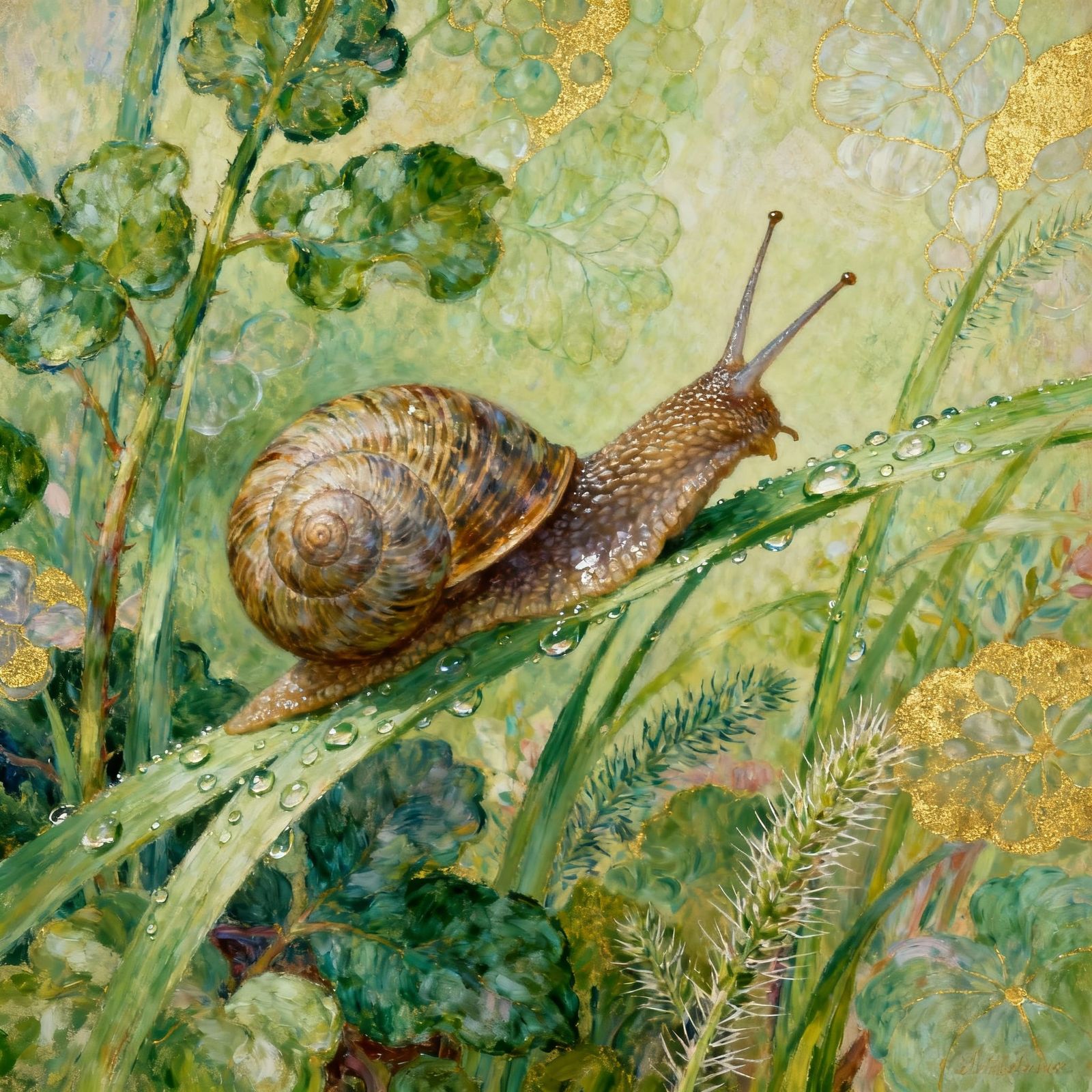 Photorealistic Garden Snail on Dewy Grass