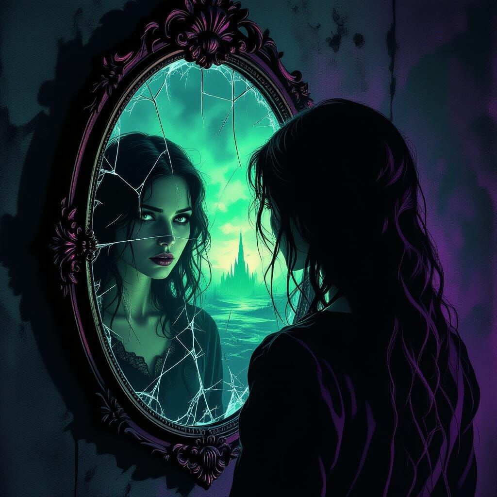 Woman Gazes into Otherworldly Mirror Reflection