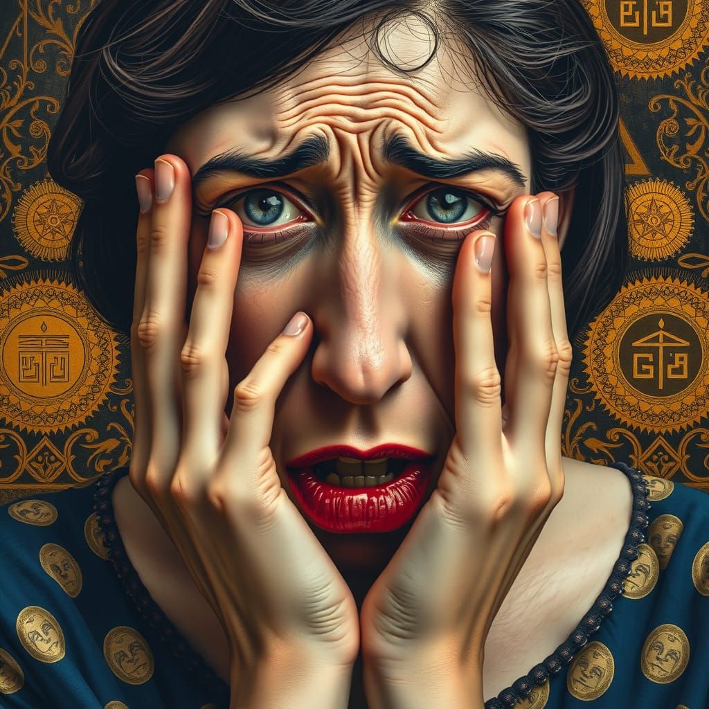 Anxious Woman in Art Nouveau Style with Elongated Features