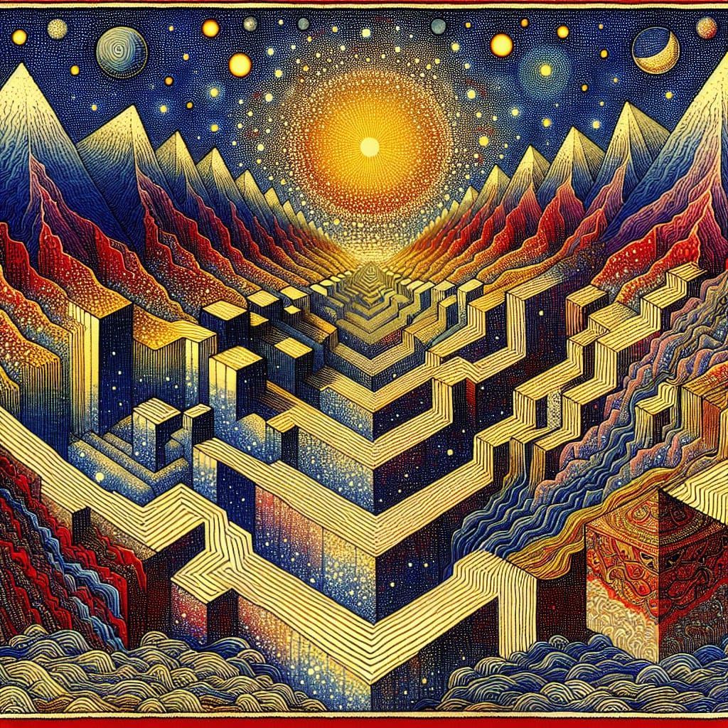 Intricate Map with Enigma Machine in Woodblock Style