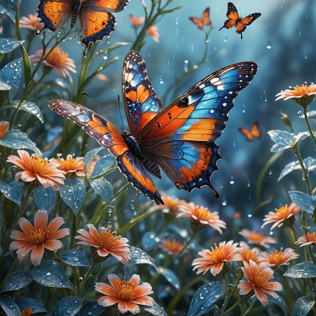 Butterfly on Dew-Kissed Flower: Hyperrealistic Close-Up