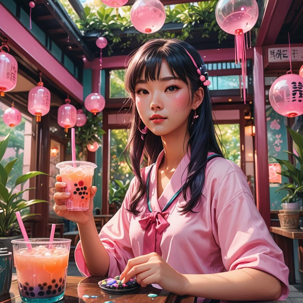 Pastel Schoolgirl at Tea House in Manga Style