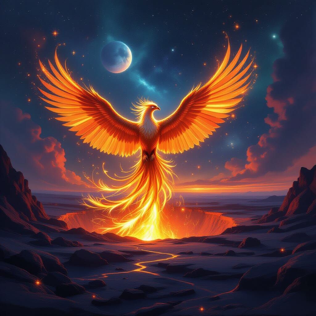 Phoenix of Starlight Rises from Volcanic Moon Crater
