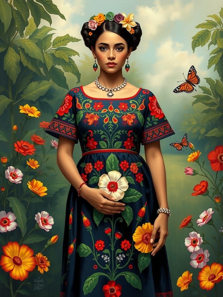 Vibrant Latina Goddess in a Garden of Blooms