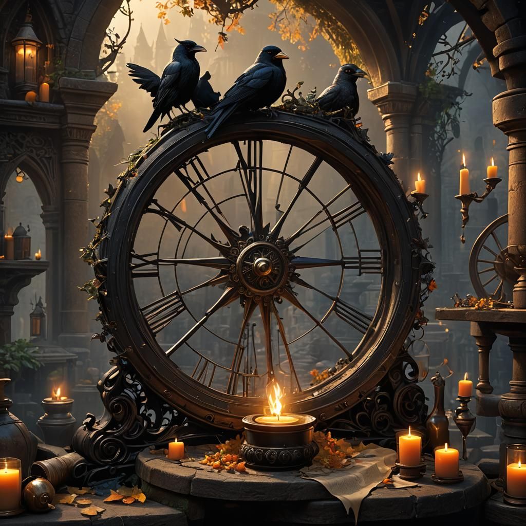 Medieval Monk with Raven and Time Wheel