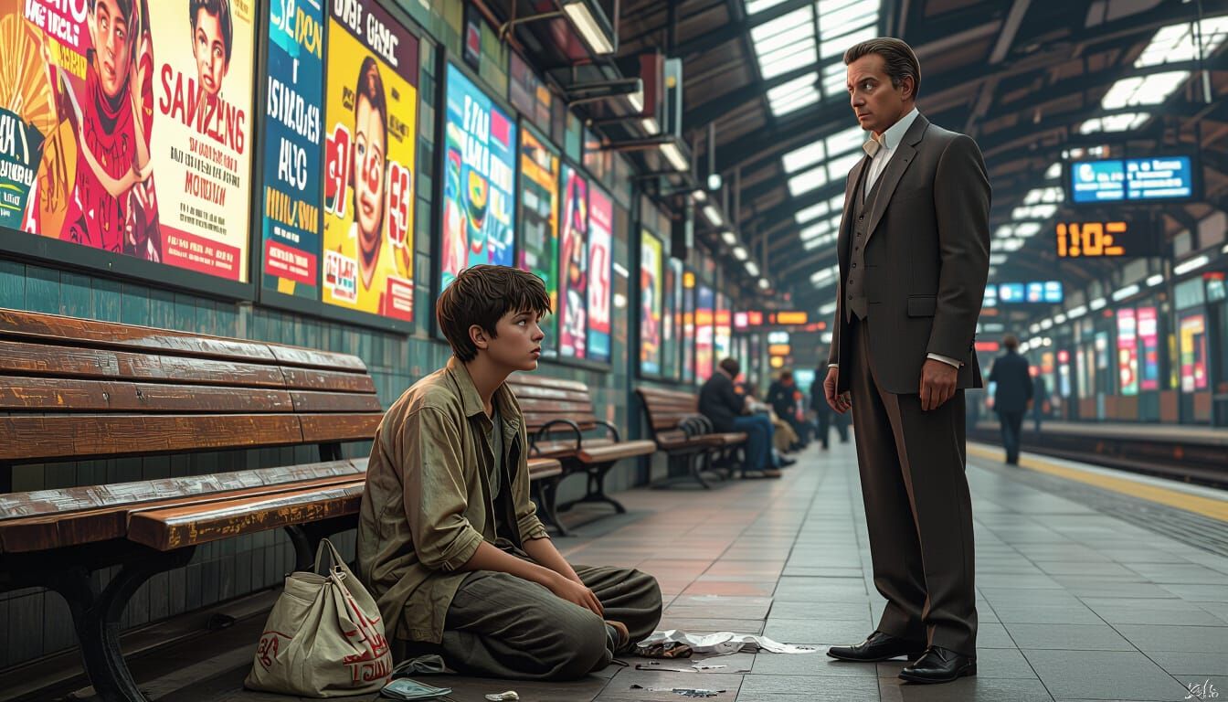 Railway Beggar: Hyperrealistic Splash Art Portrait