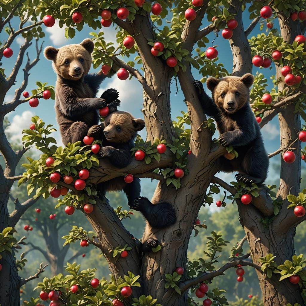 Bear Cubs Climbing: Detailed Fantasy Concept Art