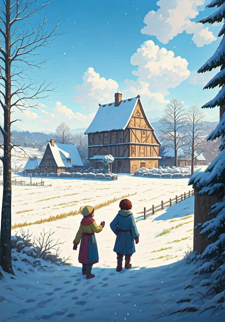 Happy Children Playing in Snowy Medieval Village