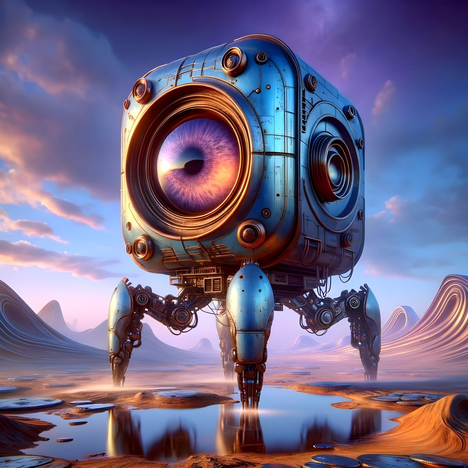 Bio-Mechanical Explorer with Eye Window on Alien World