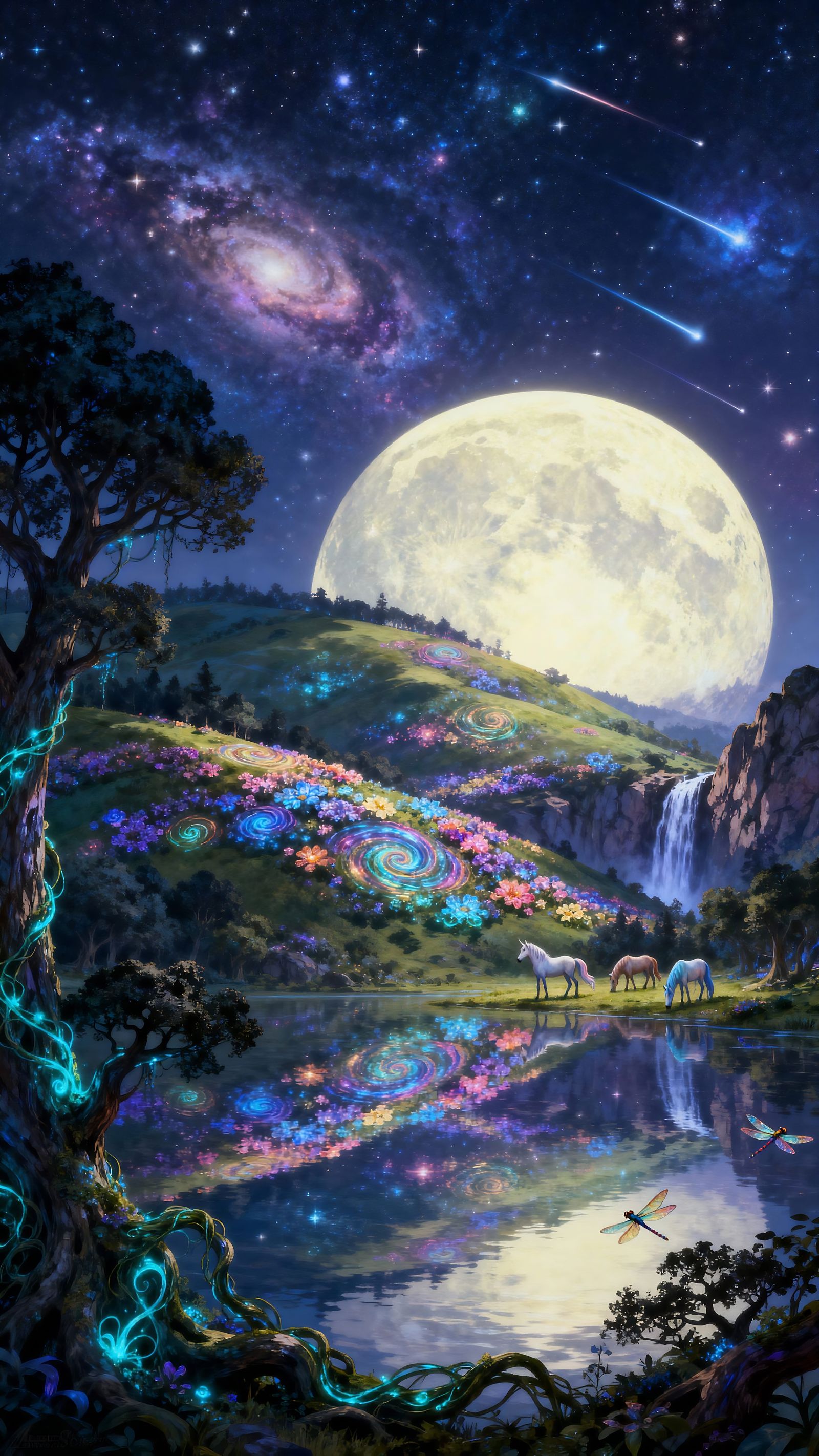 Ethereal Landscape with Glowing Moon and Magical Creatures