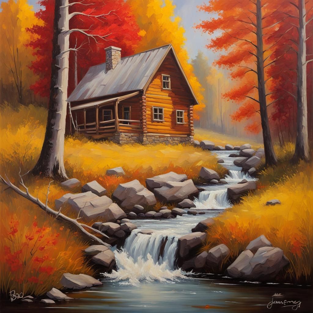 Autumn Cabin Landscape in Oil Painting Style
