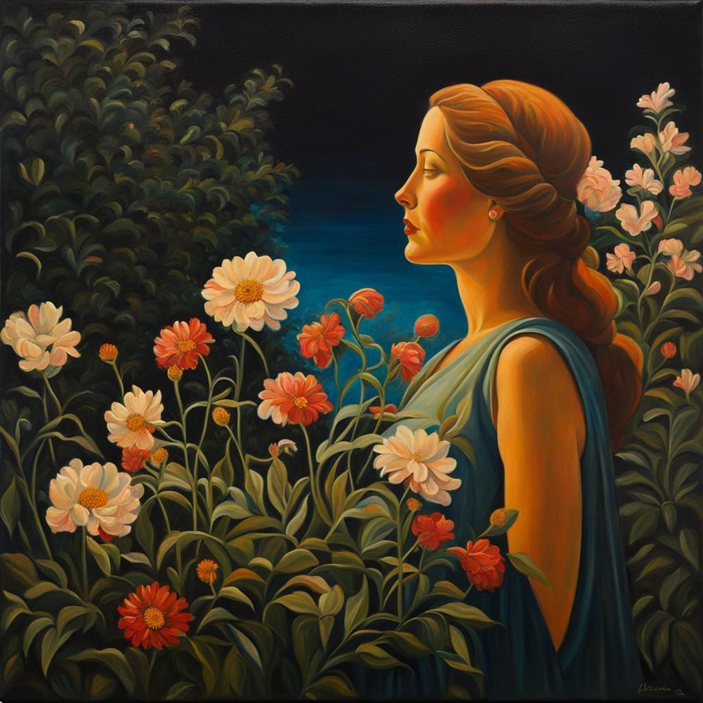 Botanical Night Garden Painting of Woman