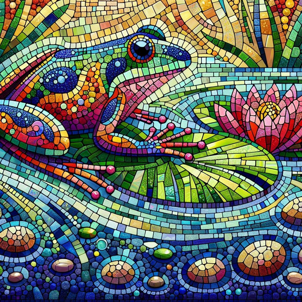 Psychedelic Mosaic Frog on Lily Pads