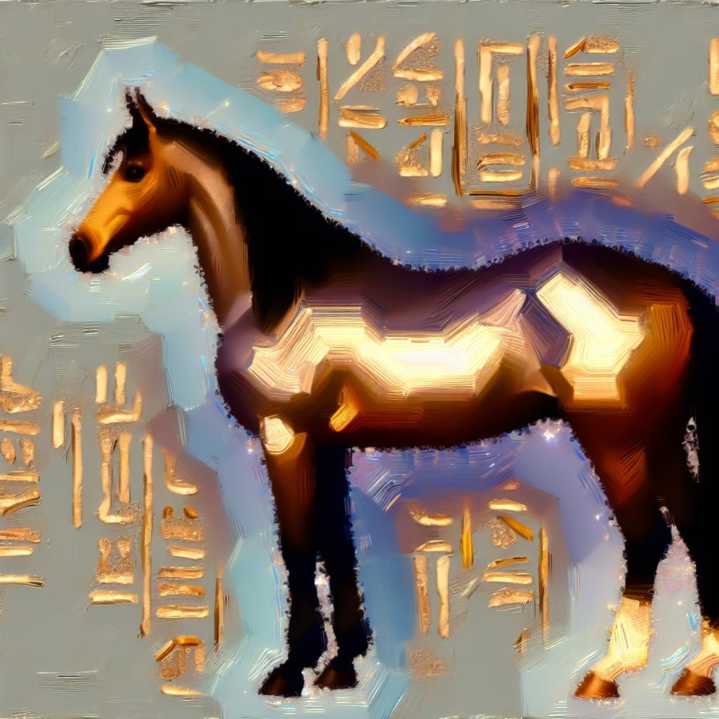 Majestic Horse in Oil Painting with Hieroglyphics