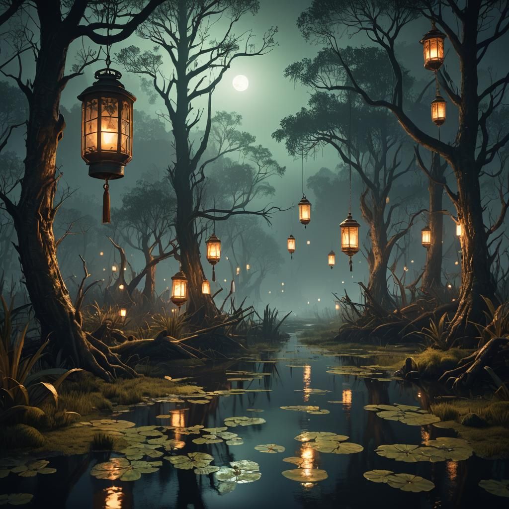Fantastical Lanterns Illuminate a Detailed Swamp