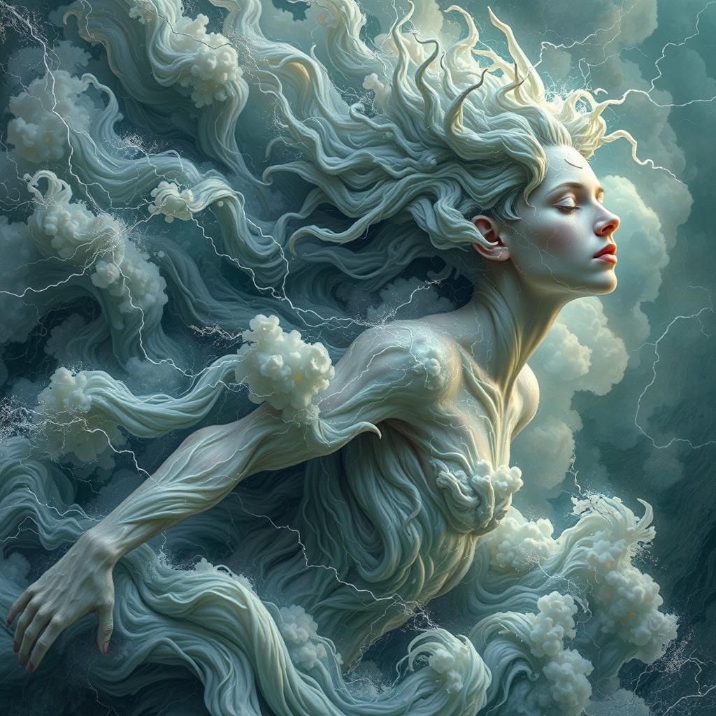 Energy Being Emerges from Storm Clouds in Digital Art