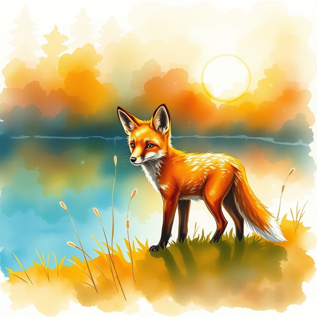 Delicate Watercolor Fox at Sunrise by Lake