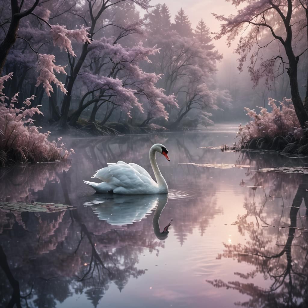 Swan with Saxophone Jewelry on Misty Pond