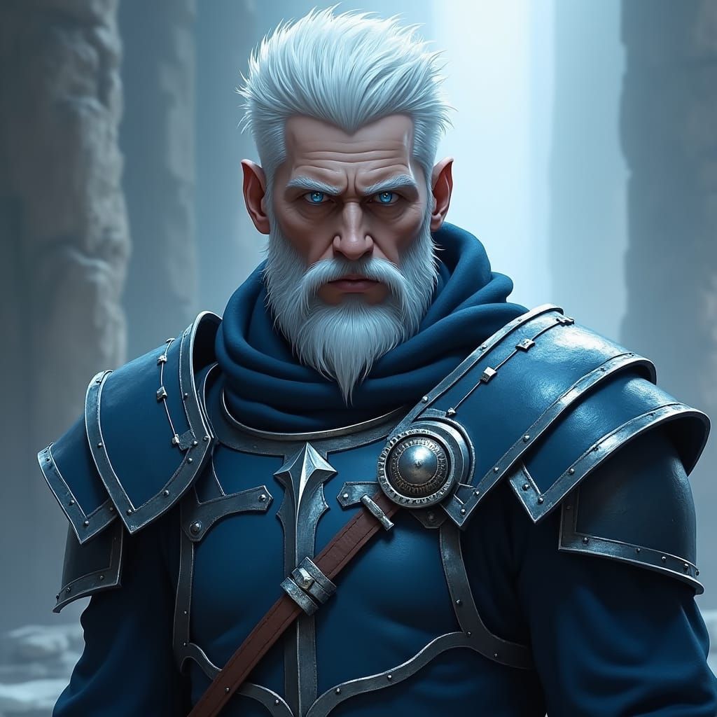 Brooding Aasimar Paladin in Dark Blue Armor