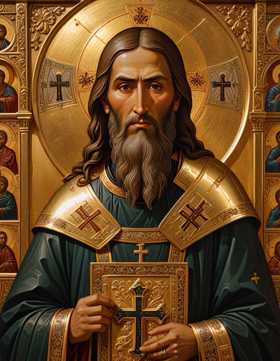 Saint Sava Byzantine Icon with Gold Leaf Texture