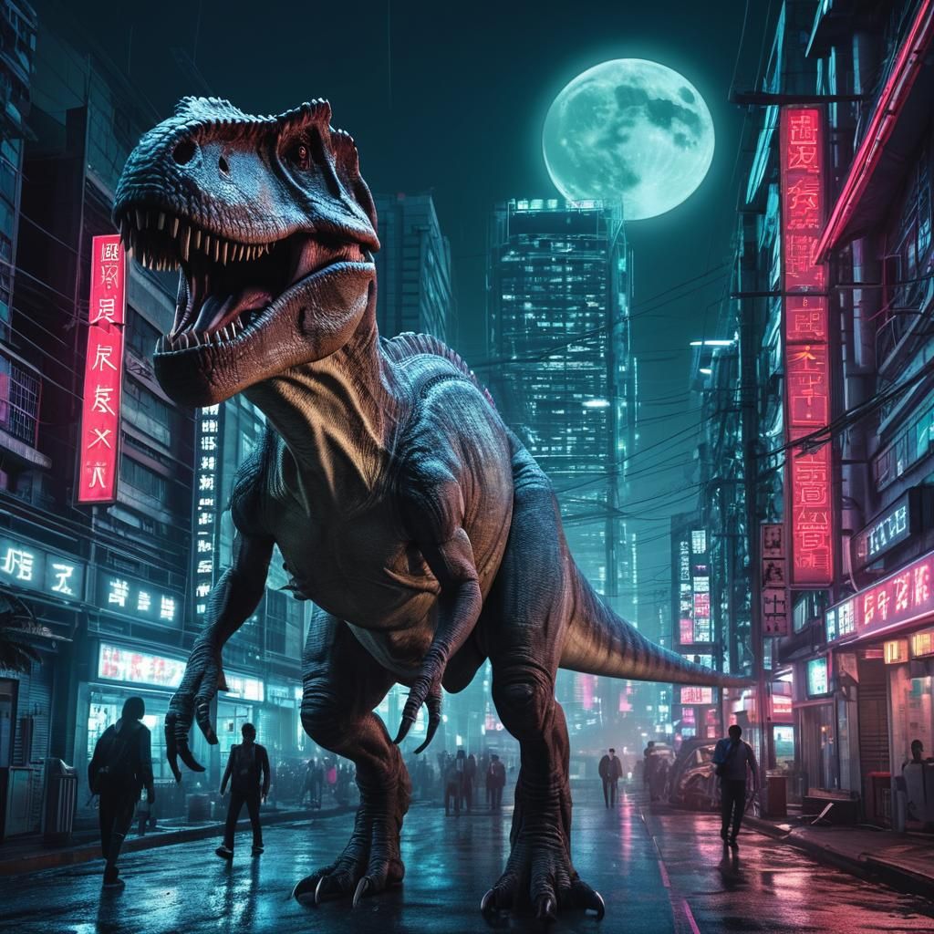 T-Rex in Neon Cityscape, Hyperrealistic Style